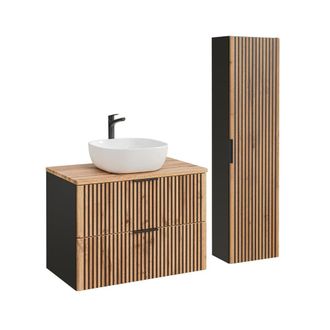 Petits Meubles Set mueble lavabo y columna estratificado marr&oacute;n estilo roble negro