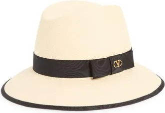 Valentino Garavani VLOGO Siganture Straw Fedora in Natural/black at Nordstrom, Size 58