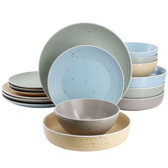 Elama Emilia 16 Piece Double Bowl Stoneware Dinnerware Set in Light Gray