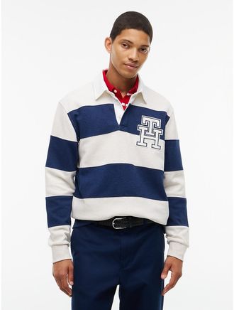 Tommy Hilfiger Mens Heathered Interlock Pique Rugby Polo - Navy Heather - XXL