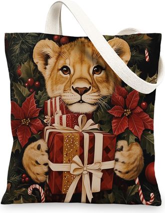 Generic Merry Christmas lion Canvas Tote Bag for Shopping 13x15, Vintage Fun Animal Xmas Reusable Grocery Print Bag for Women Men, Holiday Wildlife Aesthetic 