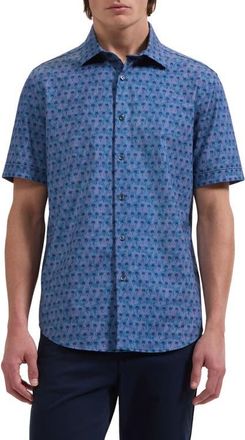 Bugatchi Miles OoohCotton Textured Palm Print Short Sleeve Button-Up Shirt in Navy at Nordstrom, Size Xx-Large