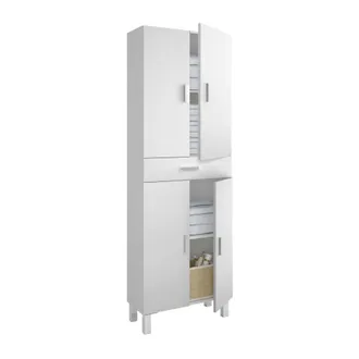 Dmora Armadio Multiuso, Mobile Per Bagno O Lavanderia A 4 Ante E 1 Cassetto, Armadio Multiuso Portascarpe, Cm 60x29h182, Bianco Lucido