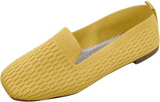 Generic Womens Flat Shoes Casual Knit Ballet Flats Stylish Breathable Solid Color Lightweight Classic Comfortable Slip On Pumps Shoes Outdoor Walking Yellow