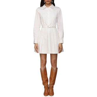 Avec Les Filles Pleated Belted Long Sleeve Cotton Blend Mini Shirtdress in White at Nordstrom Rack, Size 14