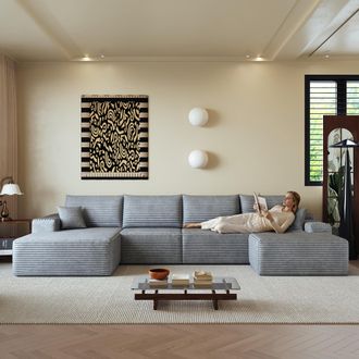 STILVORA Divano Modulare 5 Posti In Velluto A Coste Con Pouf E Chaise Longue A Sinistra, Senza Montaggio, Grigio