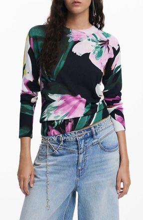 Desigual Floral Fine Gauge Crewneck Sweater in Black at Nordstrom, Size Medium