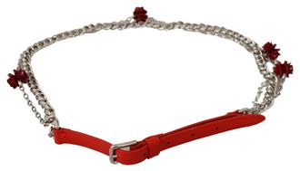 Dolce & Gabbana Womens Red Leather Roses Floral Silver Waist Belt Brass