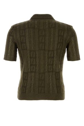 Fendi Mens Army Green Wool Polo Shirt Exterior