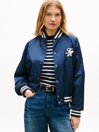 Tommy Hilfiger Bomberjacke TOMMY HILFIGER VARSITY NYLON BOMBER, Damen, Gr. L (42/44), schwarz night navy, Web, Obermaterial: 100% Polyester, unifarben, bequem normal