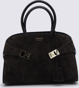 Ferragamo Dark Brown Leather Hug S Suede Top Handle Bag