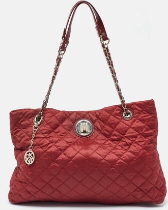 DKNY Dkny Red Quilted Nylon And Leather Logo Chain Tote