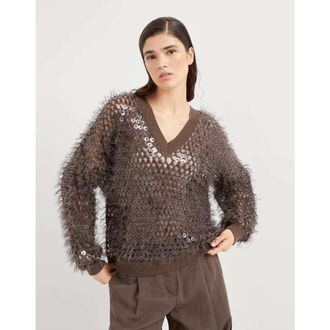 Brunello Cucinelli Brown Openwork Knit Sweater, Size X-Small