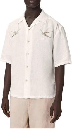 AllSaints Avia Bird Embroidered Linen Camp Shirt in Ecru at Nordstrom, Size Xx-Large