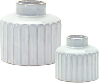 Melrose International Ribbed Porcelain Vase with Washed Finish (Set of 2) - White