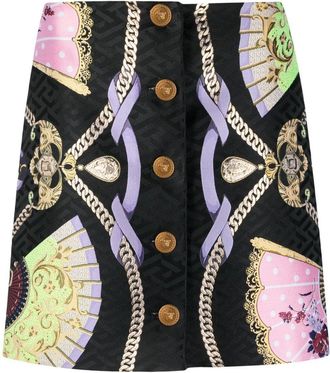 Versace graphic-print Medusa Head button skirt - women - Metallized Polyester/Polyester/Acetate/Cotton/Silk - 40 - Black