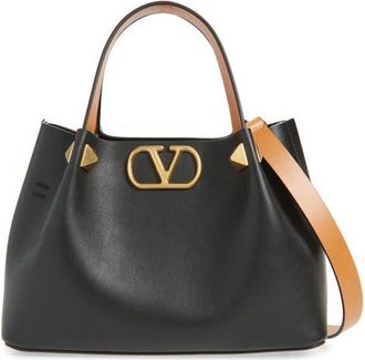 Valentino Garavani Small VLOGO Signature Top Handle Bag in Black/Camel at Nordstrom
