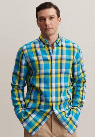 Seidensticker Businesshemd SEIDENSTICKER Regular, Herren, Gr. XXL45, normale &Auml;rmell&auml;ngen, blau (t&uuml;rkis), 100% Leinen, kariert, regular fit, 2-Knopf-Manschette, Hemd