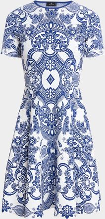 Etro Blue Medallion Lace Effect Short-Sleeve Knit Dress