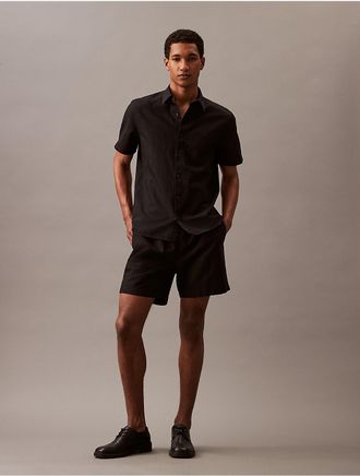 Calvin Klein Mens Solid Linen Blend Classic Button-Down Shirt - Black - XS