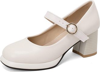 Generic Womens Mary Jane Pumps with Chunky Heel & Ankle-Strap - Comfortable Office Shoes for Work, Daily Wear,White,1.5 UK
