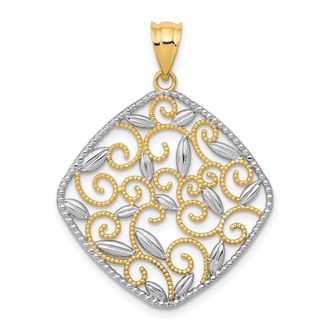 Diamond2Deal 14k Yellow Gold Rhodium Diamond-Cut Filigree Swirl Pendant