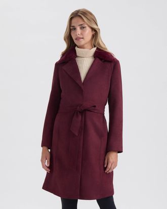 Ellen Tracy Womens Faux Suede Trench with Detachable Fur Collar