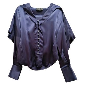 Ferragamo Blue Shawl Collar Silk Shirt Size S