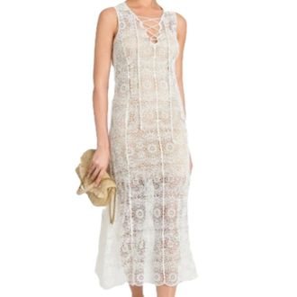 Twinset Midi Dresses, female, White, XS, Midi Crochet Dress with Cross-Over Drawstring