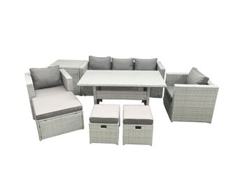 Fimous Garden Dining Set Outdoor Rattan Furniture Set with Sofa Dining Table 2 Chairs 3 Footstools Side Table Light Grey Mixed