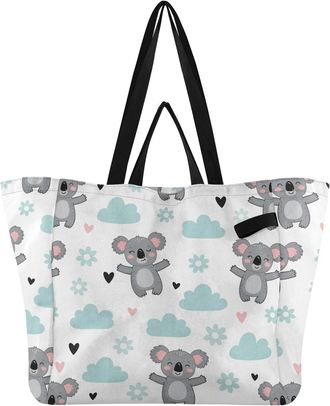 Generic Koala Clouds White print Reusable Canvas Tote Bag, Heavy Duty Grocery Shopping Bag with Large Capacity Double Handles Hard Bottom Work Groceries Trave
