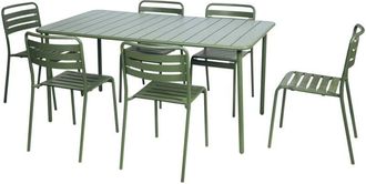 Sweeek 6-8 seater rectangular steel garden table set with 6 chairs, Amelia, Green, 160x90x72.5 cm