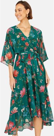 Yumi Floral Dip Hem Wrap Midi Dress in Green at Nordstrom, Size 12