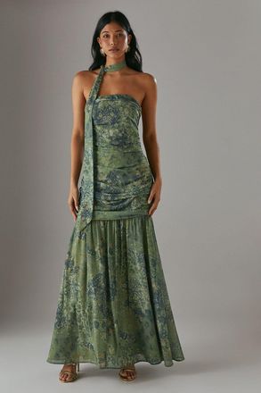 Warehouse Womens Chiffon Neck Tie Bandeau Ruched Maxi Dress - Khaki - Size 14 UK