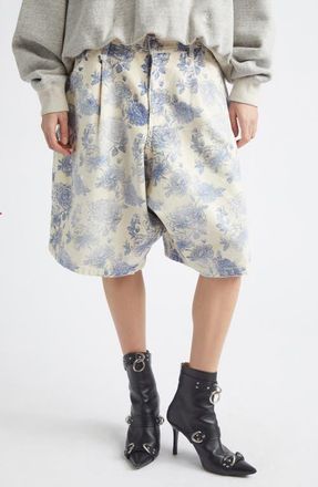 R13 Jesse Pleated Floral Denim Carpenter Shorts in Dustbloom Indigo at Nordstrom, Size 29
