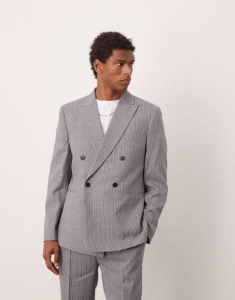 Asos Giacca da abito slim fit doppiopetto grigia con motivo gessato-Grigio