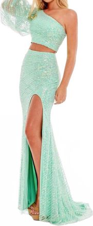 Rachel Allan Two-Piece Sequin Single Shoulder Prom Dress In Aqua Mint