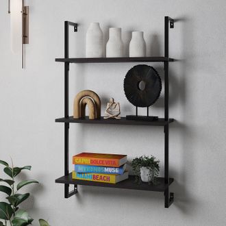 Happimess Madera Classic Industrial 3-Shelf Wood Wall-Mounted Open Ladder Bookcase with Metal Frame