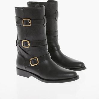 Celine Leather Biker Boots with Three-Buckle Design size 37,5