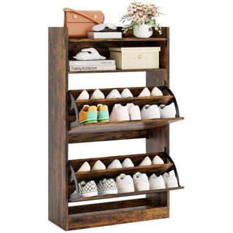 Costway Scarpiera Slim in Legno, Portascarpe a 4 Livelli con 2 Cassetti a Ribalta, con Ripiano Aperto, Mobile Porta Scarpe per Ingresso Corridoio
