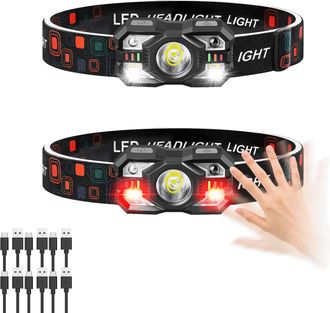 OEM Juego De 2 Linternas Frontales Recargables, 3000 L&uacute;menes, Linterna Frontal Ultrabrillante Con Luz Blanca Y Roja, Sensor De Movimiento, 5 + 5 Modos Par