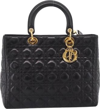 Dior Vintage Lady Dior Cannage Quilt Lambskin Black Leather Handbag (Pre-Owned)