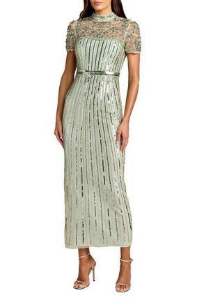 Mac Duggal Beaded Mesh Short Sleeve Mock Neck Midi Dress in Light Sage at Nordstrom, Size 12