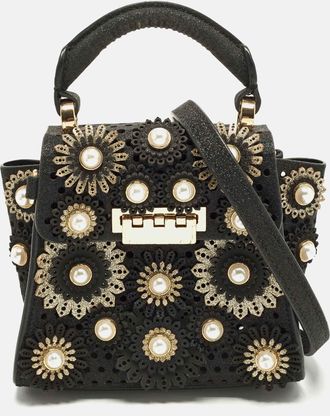Zac Posen Eartha Iconic Mini Black Faux Pearl Glittery Leather Top Handle Bag