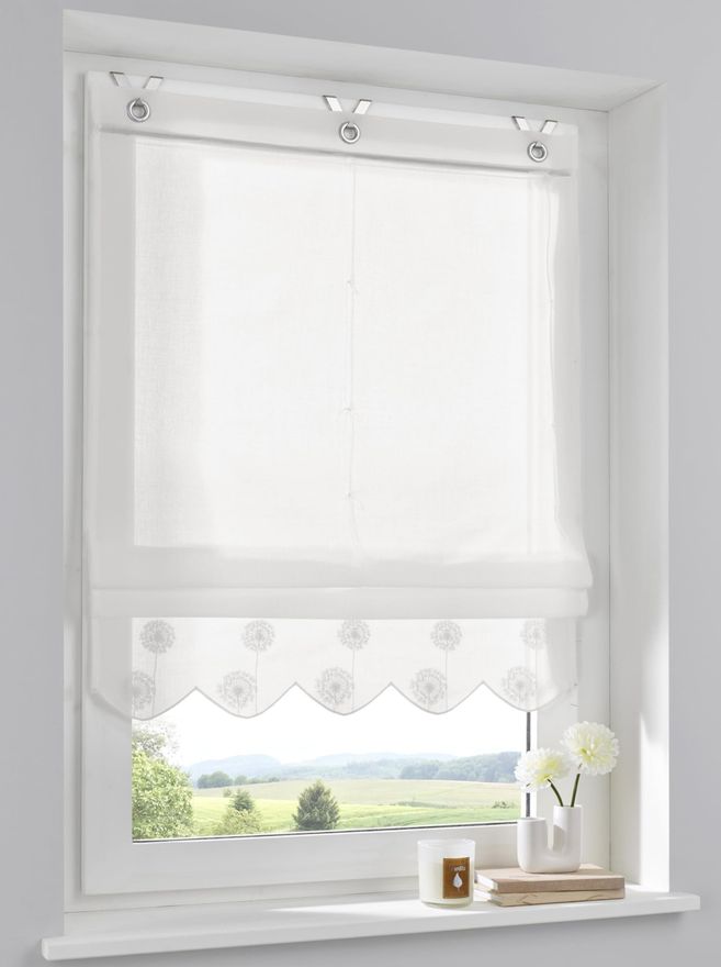 Kutti Heimtextilien Elly Raffrollo mit besticktem Volant halbtransparent Ösenrollo mit Hakenaufhängung ohne Bohren Breite 100 cm x Höhe 130 cm ab 44,95 €