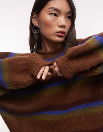 Reclaimed Vintage maglione oversize a righe soffici con maniche a palloncino multicolore-Marrone