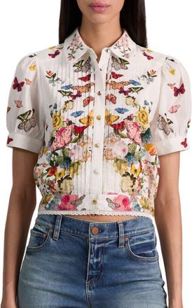 Alice & Olivia Rosie Butterfly & Floral Print Pleated Cotton Button-Up Shirt in Solar Strength Off White at Nordstrom, Size X-Large