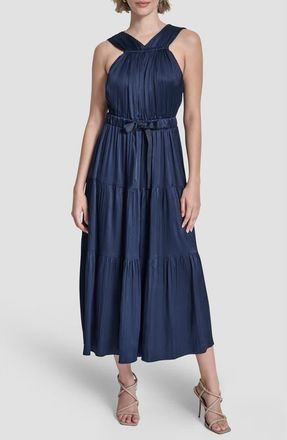 DKNY Pleated Tie Waist Satin Midi Dress in Hudson Blue at Nordstrom, Size Xx-Small