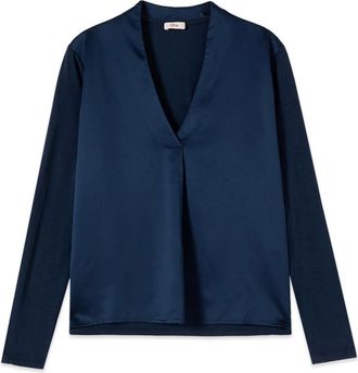 Oltre Camiseta de cuello en V de dos materiales - Blouses & Shirts - Mujer - Azul - XL