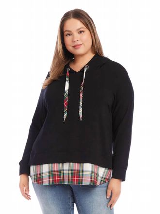 Karen Kane Catalina Contrast Plaid Hem Hoodie In Black Multi